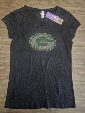 NWT Women's Black Rhinestone Logo Tee - Green Accent Size M